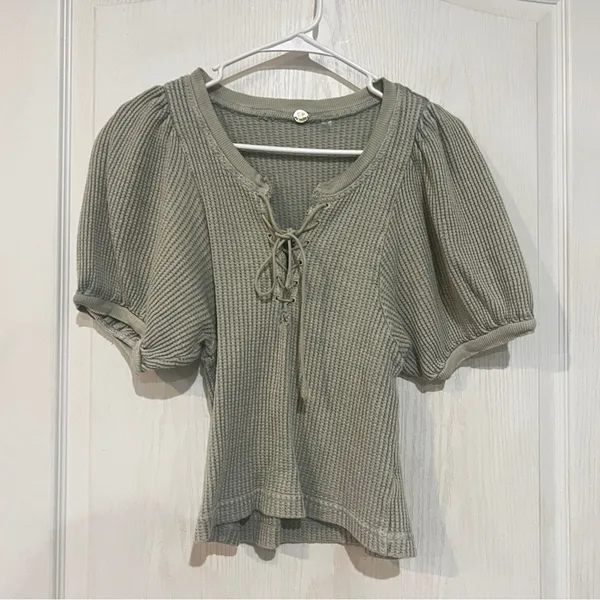 FINAL PRICE Free People FP One Hayden Thermal Waffle Knit Puff Sleeve Lace-Up - Image 2