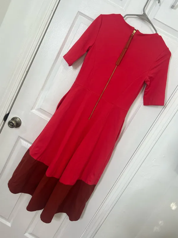 Boden Red Midi Dress Fit Flare Colorblock A-line Elegant Chic Pockets Size 6R - Image 6