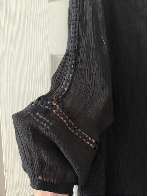 Style & Co Black Boho Gauze Blouse Lace Crochet Trim 3/4 Sleeve Medium - Image 4