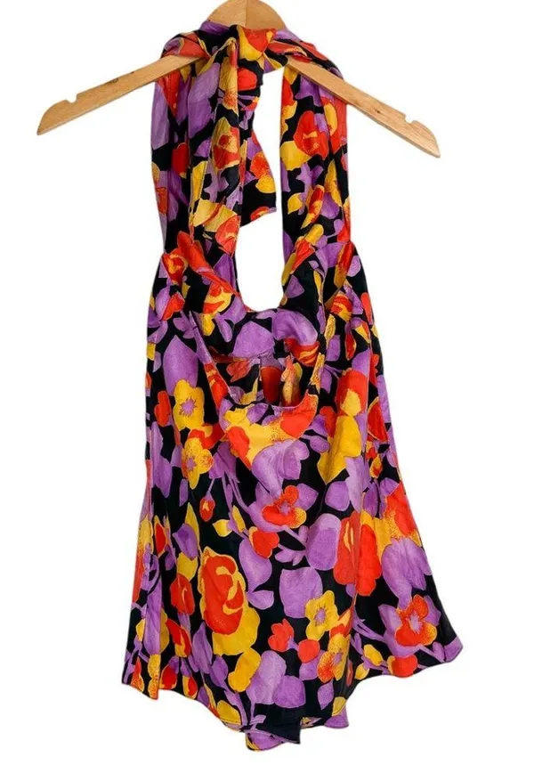 Y2K Abstract Floral Halter Top Sz Medium 100% Silk - Image 2