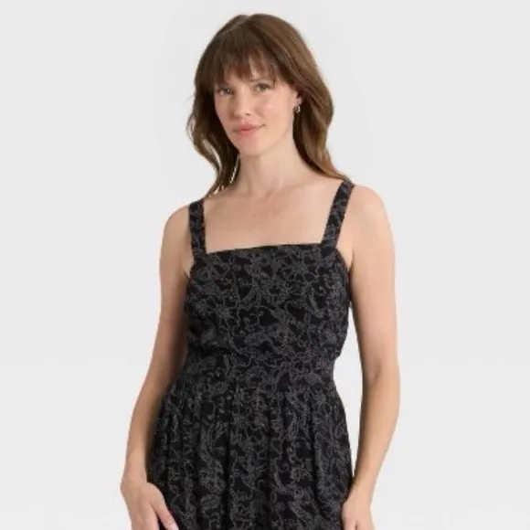 Universal Thread Smocked Boho Jumpsuit Dark Floral Tie-Cuff Cottagecore Festival - Image 2