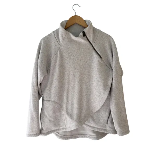 Athleta Cozy Karma Asym Pullover M/P Gray Heather Zip Neck Petite Sweatshirt - Image 2