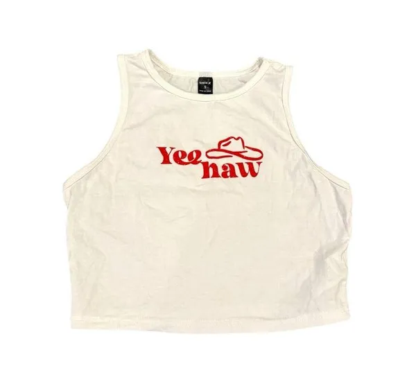 Shein X Yeehaw Crop Top S White Red Cowboy Hat Graphic Western Tank Tee - Image 3