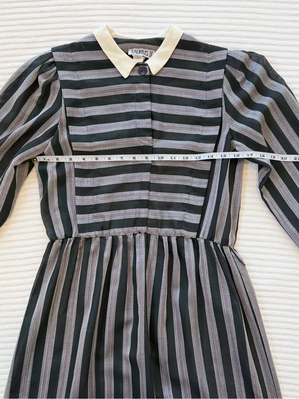 Vintage Union Made Striped Black & Gray Long-Sleeve Academia Dress Made in USA - Image 5