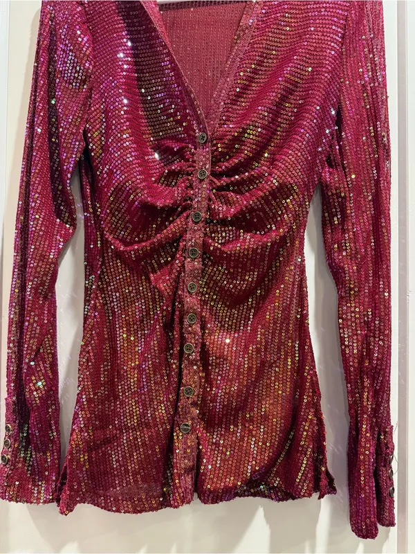 Free‎ People Magenta Sequin Long Sleeve Button Down Shirtee Top Size Small - Image 4