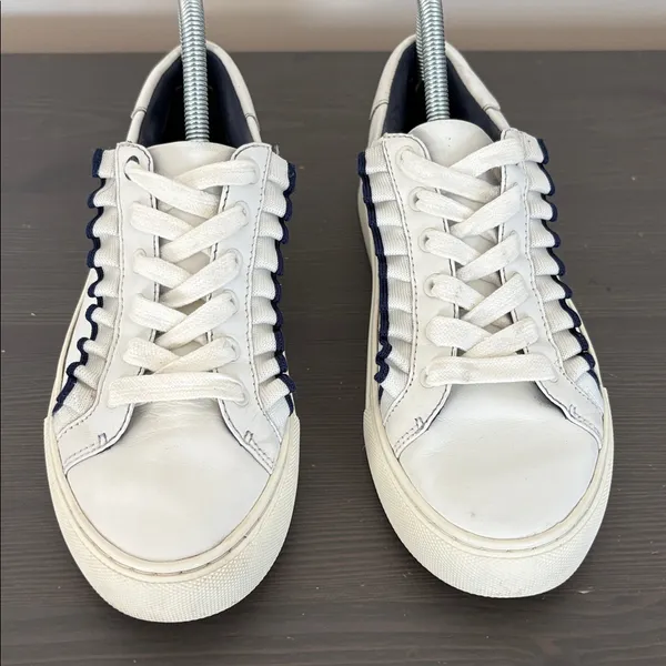 Tory‎ Burch Sport White Leather Ruffle Low Top Sneakers Lace Up Size 7 - Image 3