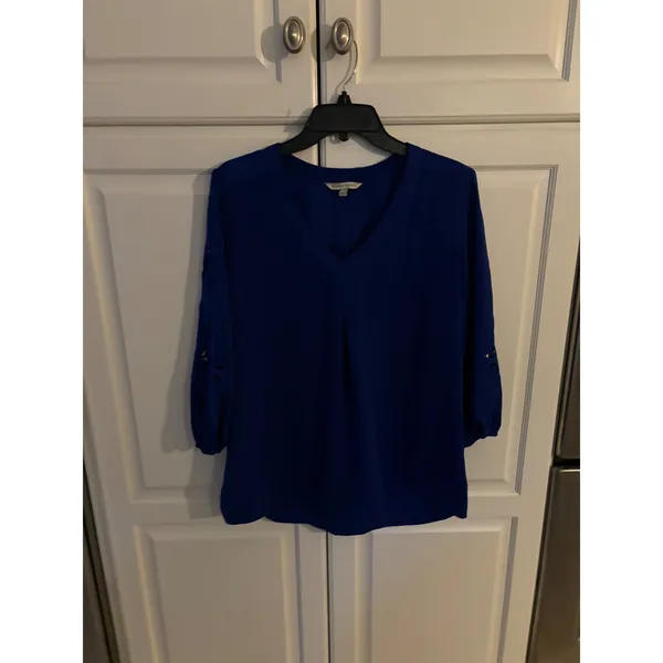 Hawthorn Blue V Neck 3/4 Sleeve Laser‎ Cut Detail Blouse Women Large - Image 2