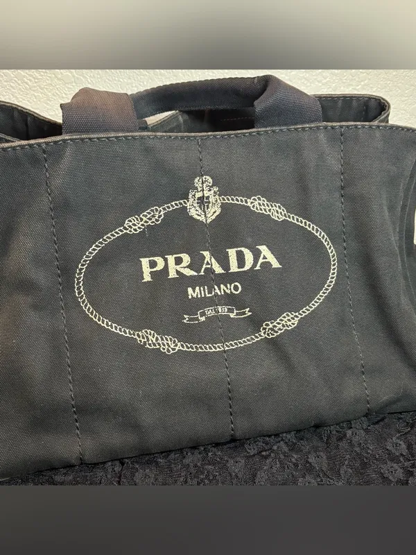 Prada Canapa Large GM Black Denim Canvas Tote Bag Distressed Vintage Italy - Image 3