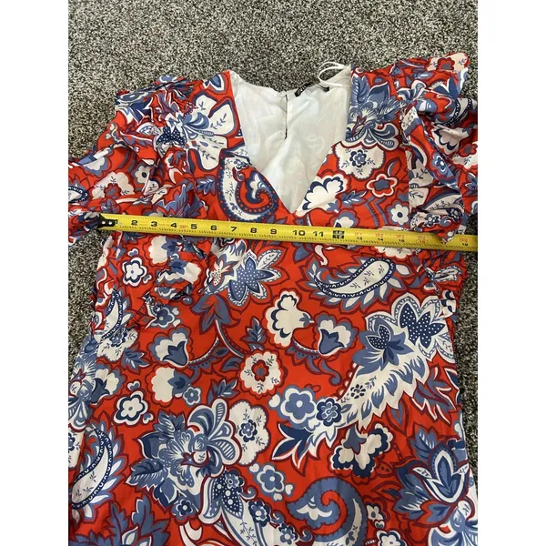 Zara Ruffled red blue white bohemian Paisley Print long sleeve Mini Dress M - Image 7