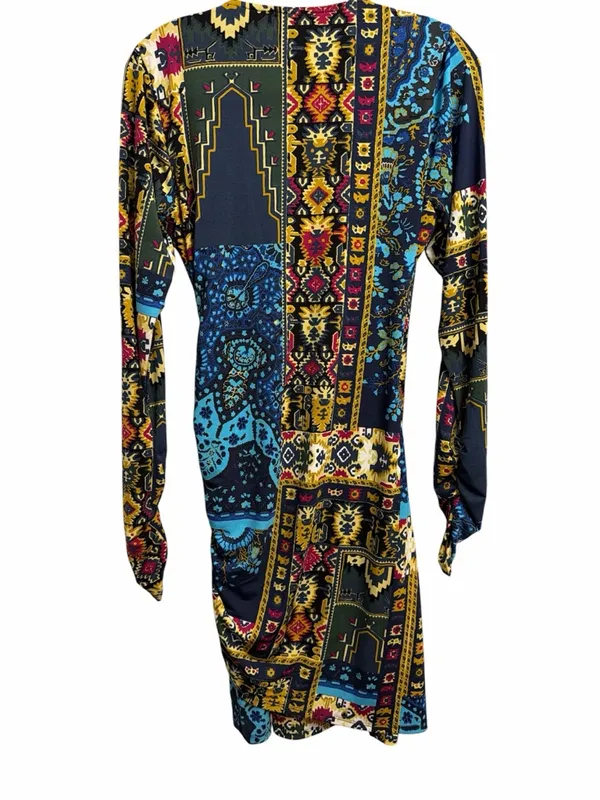 Hale Bob Multicolor Blue & Yellow Patchwork Paisley Wrap Dress - Image 3