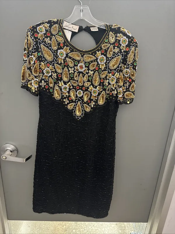 1980s Laurence Kazar NY Beaded Multicolor Bodice Dress Size L VTG 100 Silk 3989 - Image 3