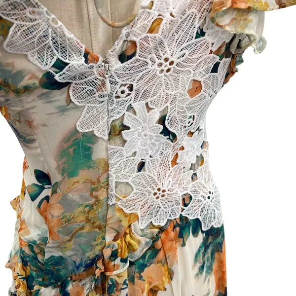Anthropologie V-Neck Ruffle Lace Slip‎ Dress Floral White Multicolor Size US 4 - Image 13