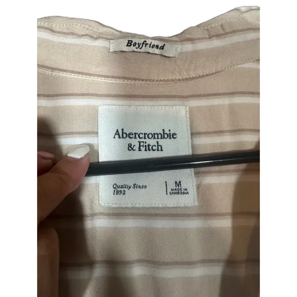 Abercrombie & Fitch Women Beige White Striped Knot Front Button Down Shirt Med - Image 9