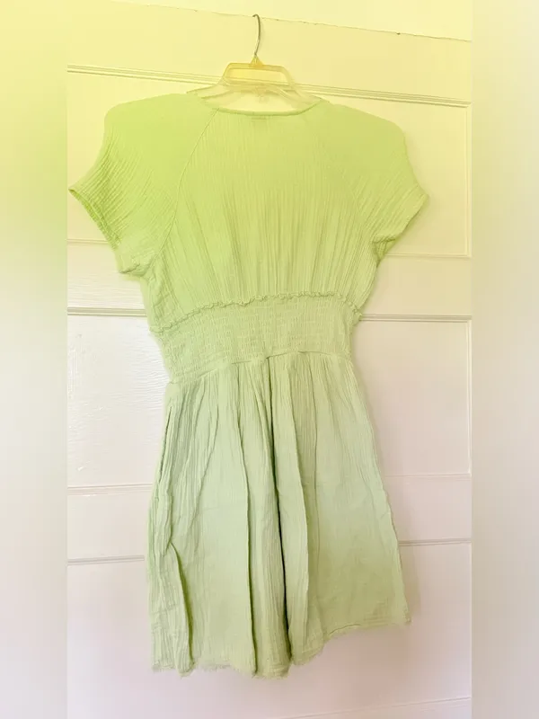 True Craft Sage Green Tie-Front Smocked Waist Tunic Gauzy Dress - Image 4