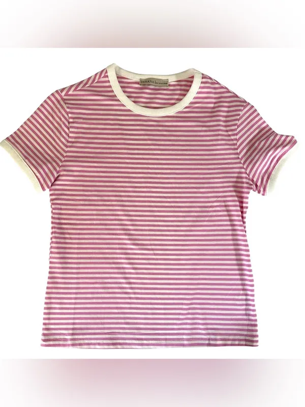 ZENANA Striped Ribbed Crewneck T - Shirt Women’s Candy Pink Sz Small Cotton - Image 4