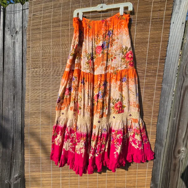 Vintage Y2K 90s Boho Maxi Skirt Tiered Ruffle Floral Macrame Gauzy Rayon India M - Image 7