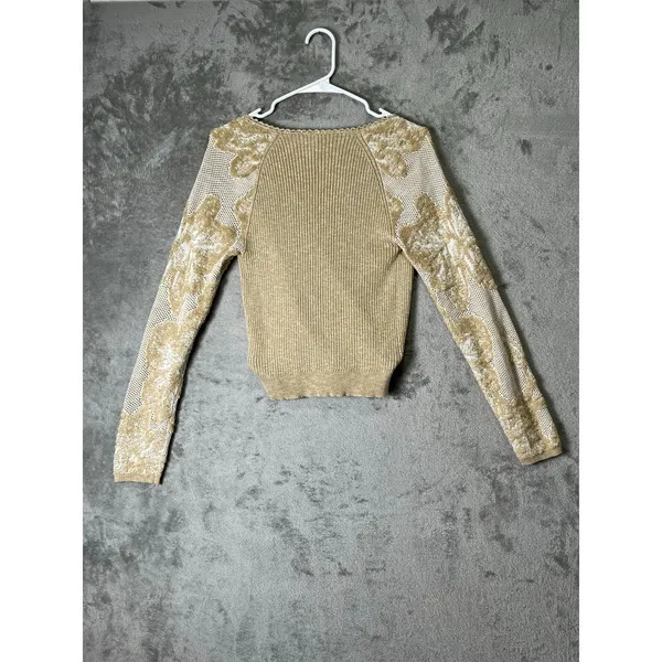 Anthropologie Gold Metallic Knit Surplice Wrap Top Sheer Lace Sleeve Balletcore - Image 3