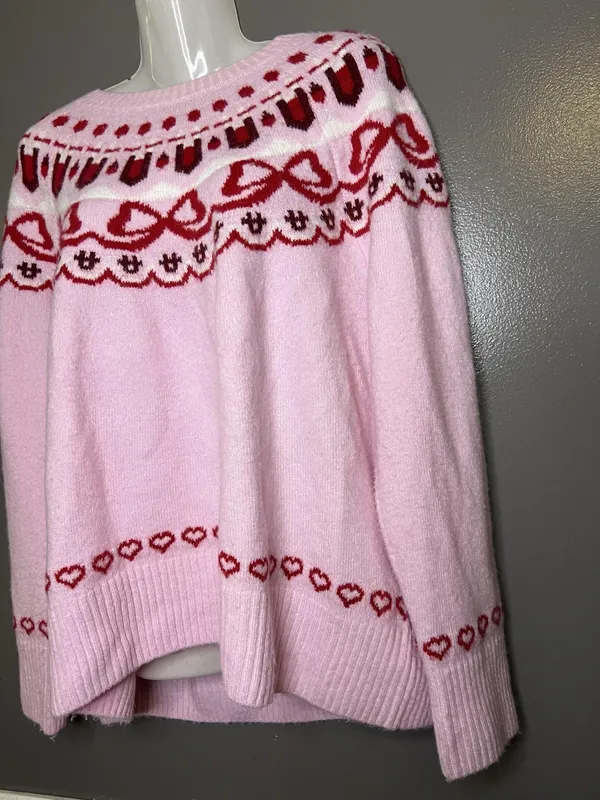 CeCe Sweater Womens XL Pink Fair Isle Hearts Bows Crew Neck Knit Pullover - Image 4