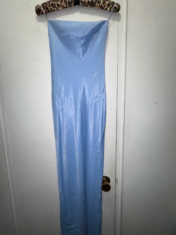 Bershka satin bandeau maxi dress in dusty blue small - Image 5