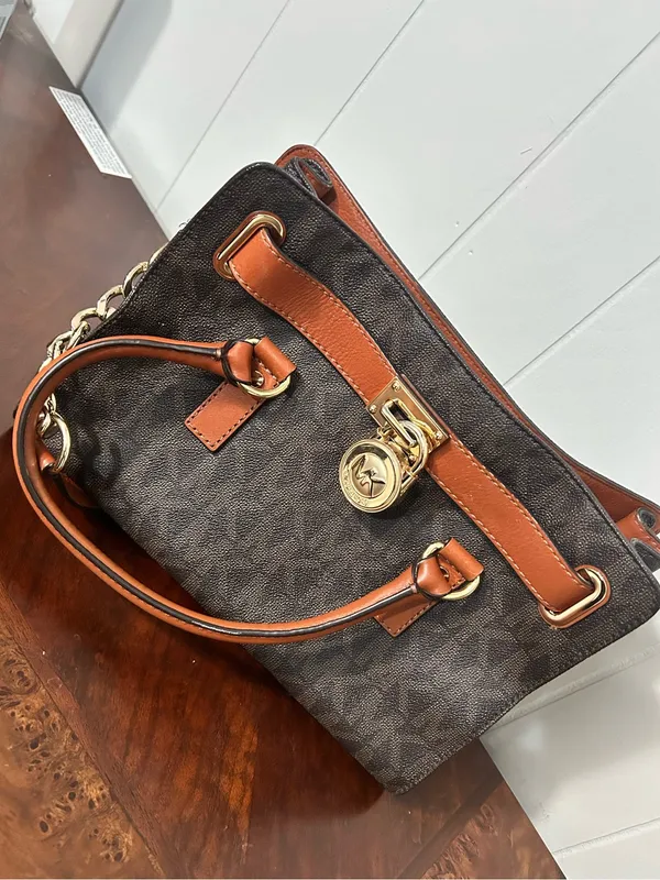 Michael Kors Hamilton Satchel Brown Monogram Canvas Tan Leather Gold Padlock Bag - Image 9