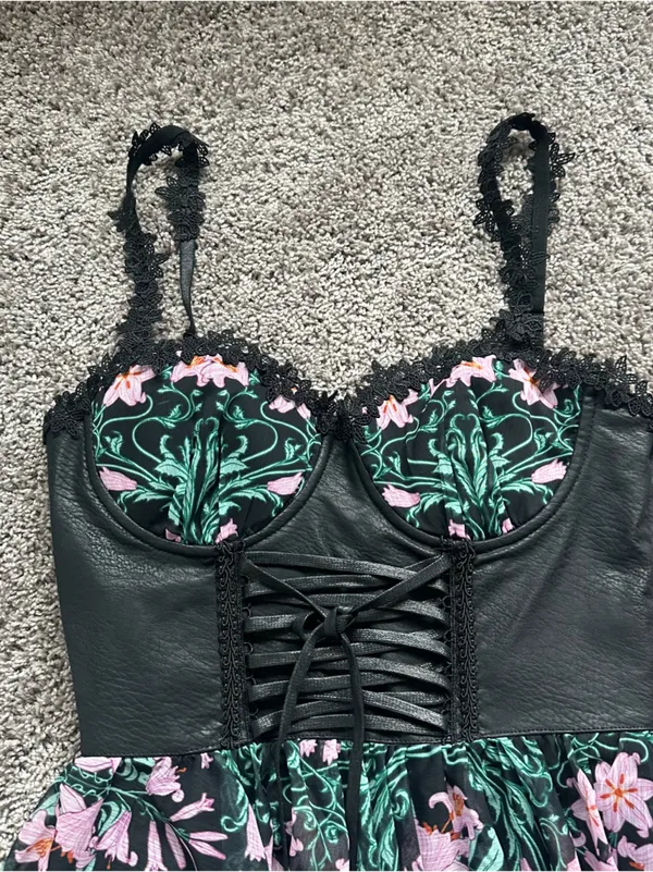 Dolls Kill Black Floral Lace-Up Mini Dress with Pink & Green Print - Image 4