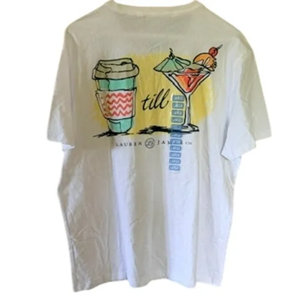 Lauren James White Graphic Pocket Tee Coffee Cocktail “Till” Size L NWOT - Image 5
