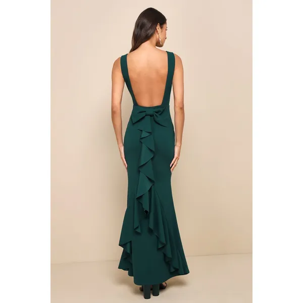 NWT Lulus Exquisite Refinement Emerald Backless Bow Ruffled Maxi Dress Gala Sz M - Image 3
