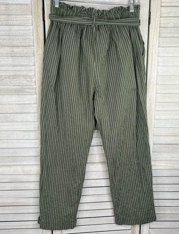 SIENNA SKY High Rise Cropped Casual Pants w Paperbag Waist Olive Stripe-L - Image 3
