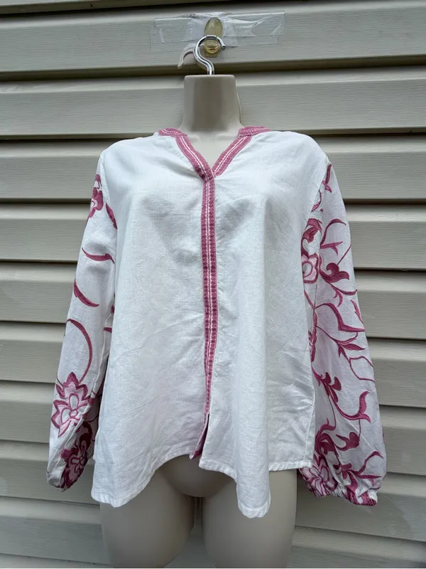Calypso St. Barth Embroidered Linen Blend Blouse Women Small White Pink - Image 2
