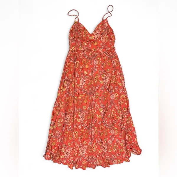HERE COMES THE SUN Women’s Floral Orange Maxi Dress With Spaghetti Straps Size M - Image 3