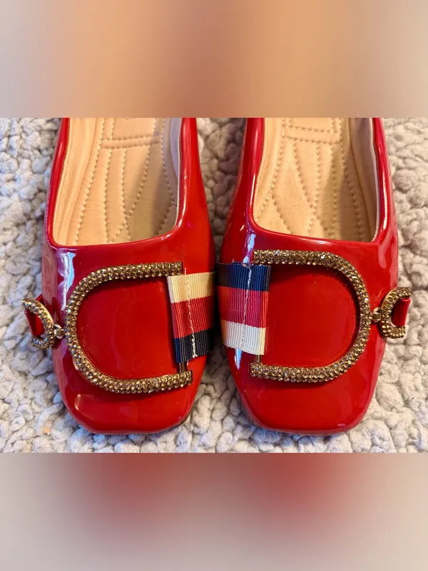 XRXC Red Patent Leather Square Toe Ballet Flats Rhinestone Buckle. - Image 6