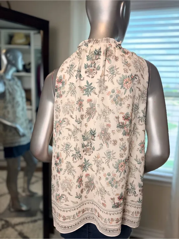 Max Studio Floral Sleeveless Blouse Large Boho Tie Neck Cream Ivory Cottagecore - Image 4