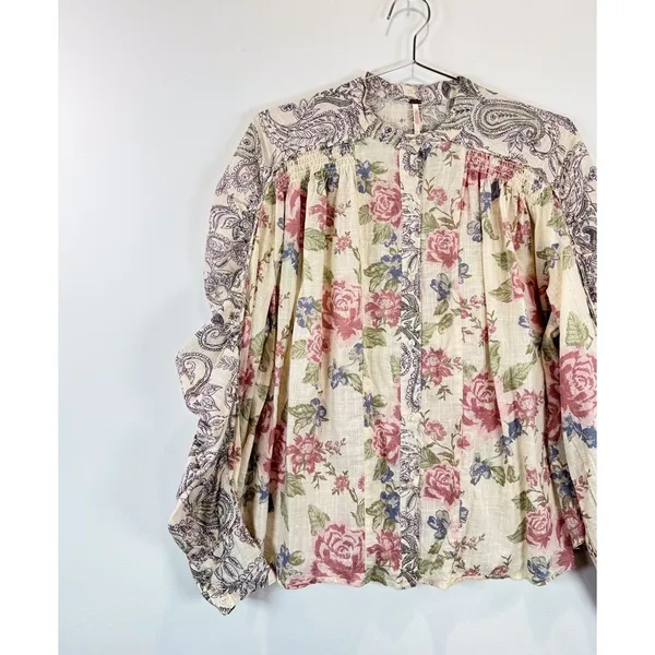 Free People Womens Beige Maraya Floral Paisley Puff Sleeve Blouse Boho Small - Image 6
