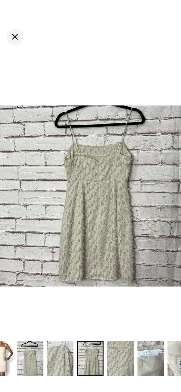 ASTR The Label Feathered Flocked Detail Cocktail Dress. Like new. Off white. No stretch. Zipper back. Spaghetti straps. Lined. 15” bust 32” long - Image 4