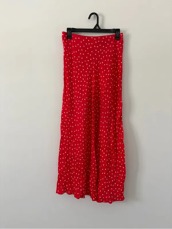 Anthropologie Maeve Gemma Printed Red White Bias Cut Polka Dot Maxi Skirt XS - Image 4
