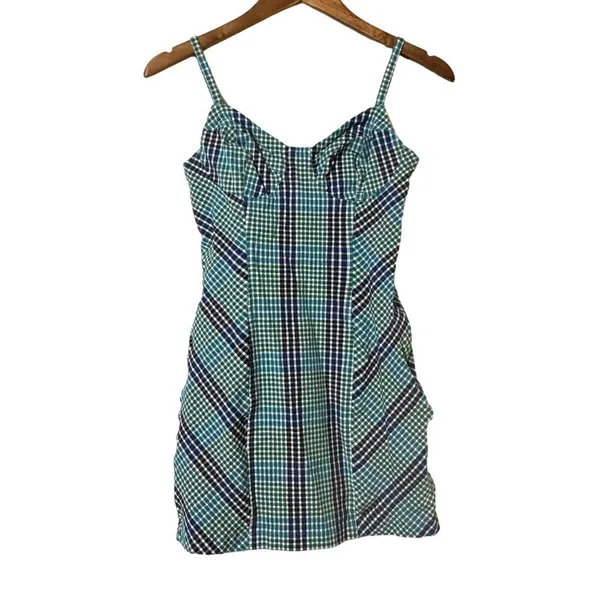 Urban Outfitters Gingham Spaghetti Strap Mini Dress Green Blue Size Small - Image 4