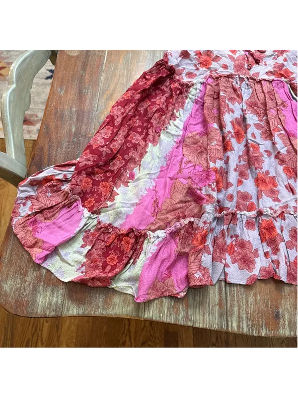 Free People Intimately Floral Patchwork Strappy Mini Dress XS Pink Red Flowy - Image 4