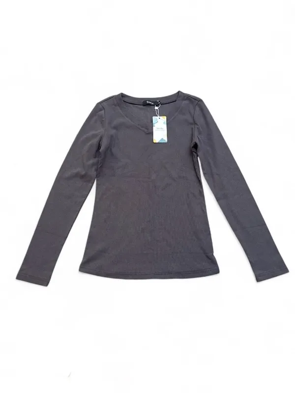 Long-Sleeve Ribbed V-Neck Slim Fit Top Gray Lightweight Fitted Casual Shirt Sz M - Image 2