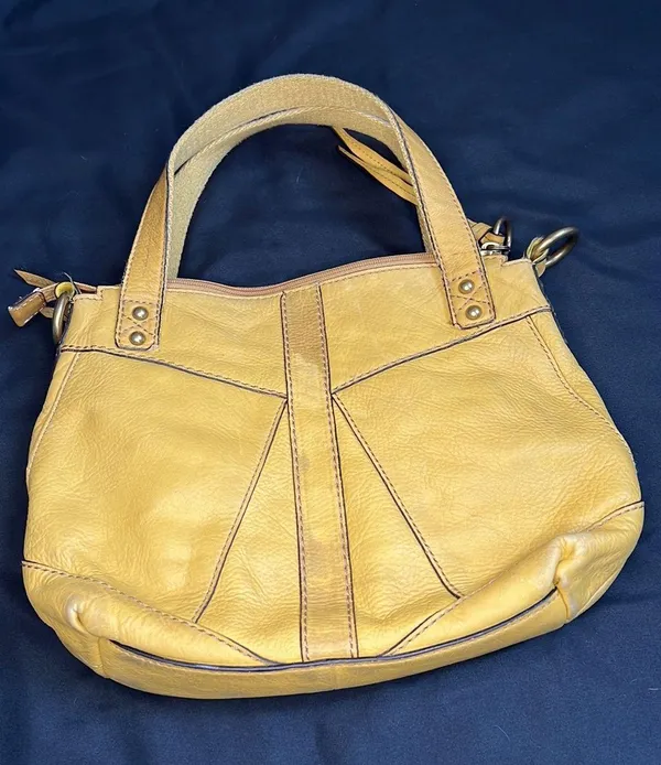 Fossil Mustard Yellow Double Strap Distressed Leather Satchel Purse - Image 2