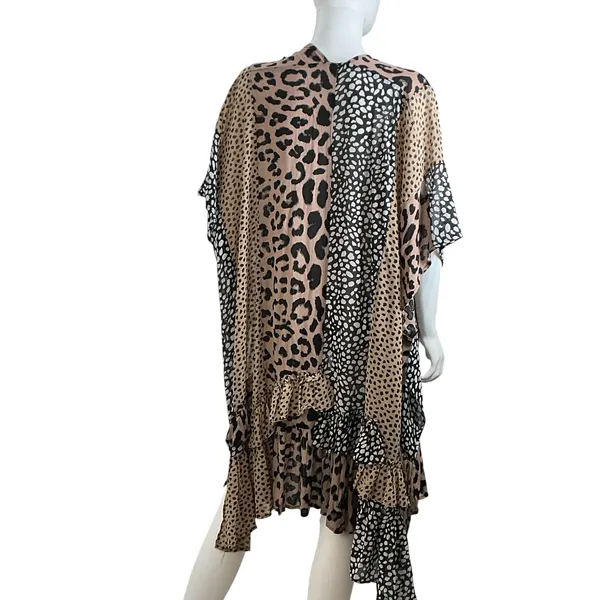 Umgee Womens‎ Leopard Patchwork Ruffle Kimono Wrap Brown Black SM - Image 6