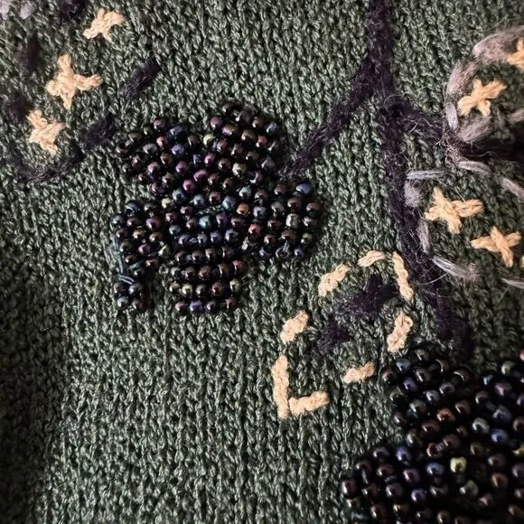 Vintage Beaded Floral Knit Sweater Green Embroidered‎ Pullover small - Image 9