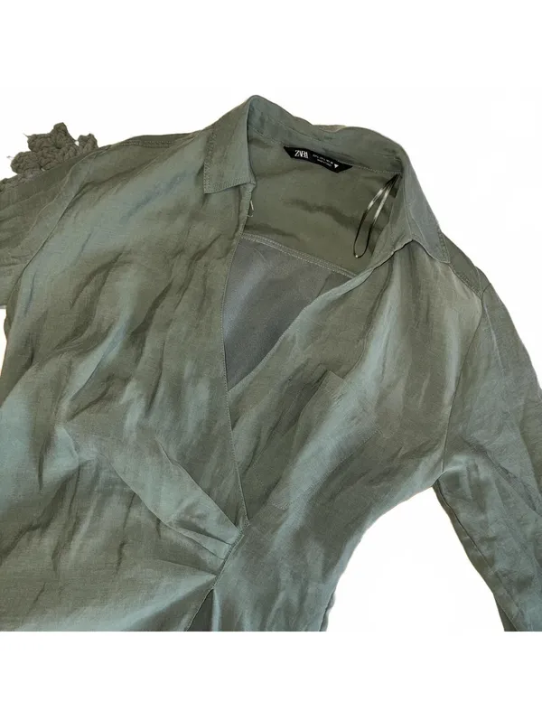 Zara Sage Green Womans L Summer mini dress v-neck long sleeves draped crossover - Image 4