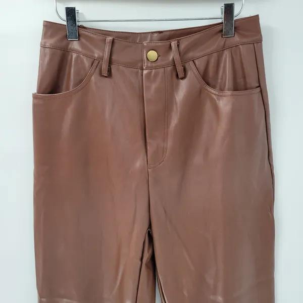 Faux Leather Pants Medium Brown High Waist Straight Leg Zip Casual Chic Club - Image 6