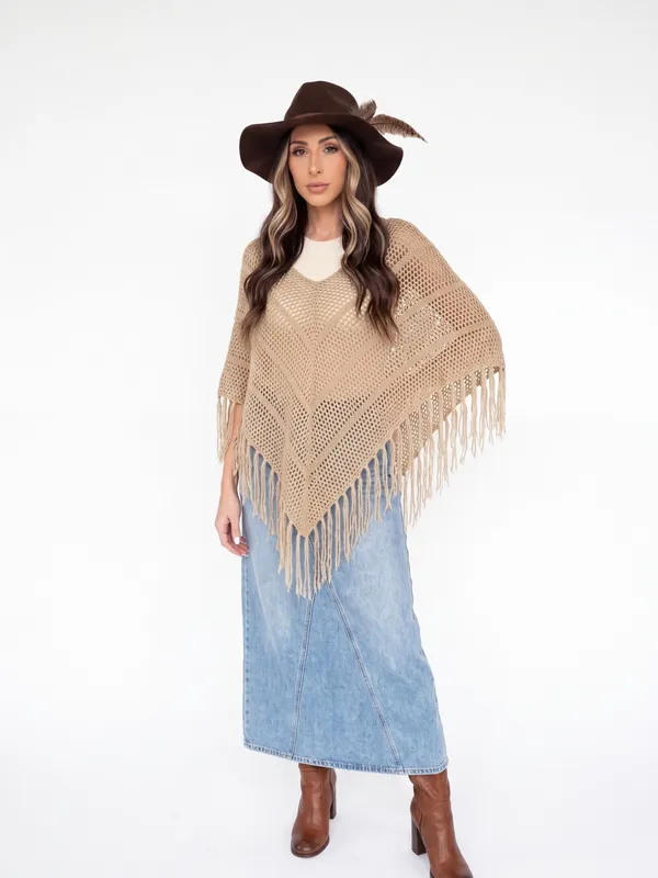 Vintage The Original Arizona Jean Co. Boho Crochet Knit Fringe Poncho Tan Fall - Image 2