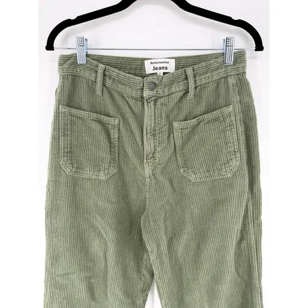 Reformation Alyssa High Rise Wide Leg Corduroy Pants Green 27‎ Organic Cotton - Image 3