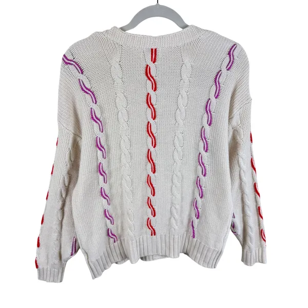 525 America Women Cream Cable Knit Cardigan Red Purple Contrast Stitch Small - Image 2