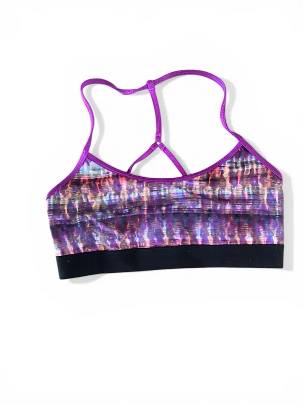 Alo Yoga racerback Spark sports bra featuring a purple abstract print - Image 2