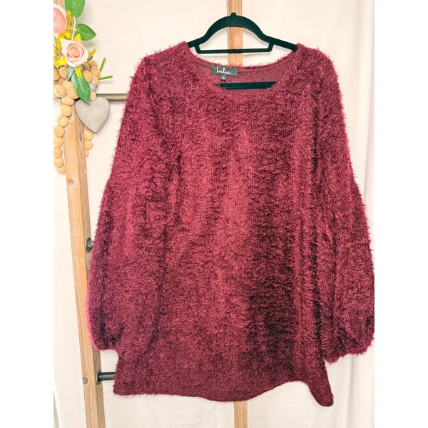 Lulus Burgundy Eyelash Knit Sweater Dress Womens Large Long Sleeve Fuzzy Tunic - Image 2