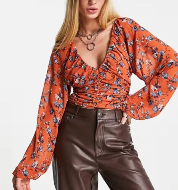 Free People Final Rose Blouse Rust Orange Floral Ruched Sweetheart Top Large - Image 6