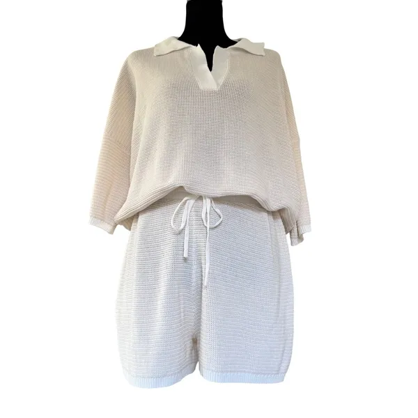 Lightweight‎ Knit 2 Piece Polo Top and Shorts Set Cream White Loungewear/ Resort - Image 4